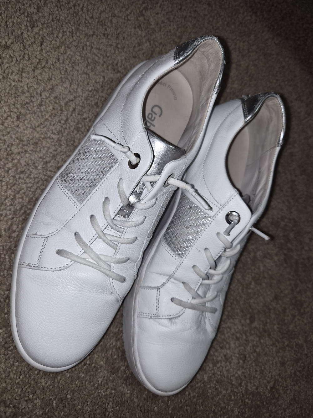 Gabor White Leather Casual Sneaker with Silver Accents